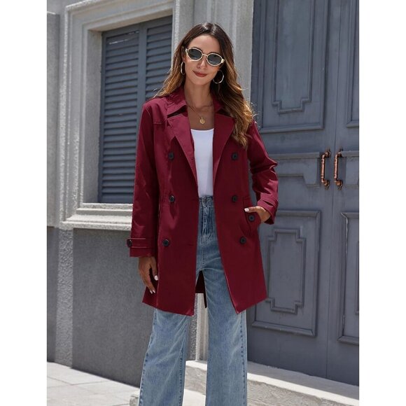 Women's Wine Red Waterproof Trench Coat with Classic Lapel and Belted Design - Picture 3 of 7